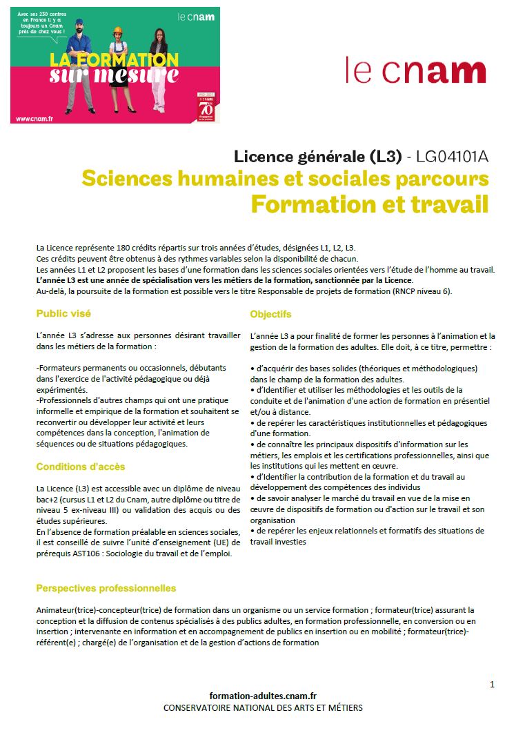 Licence Sciences humaines et sociales Travail Formation